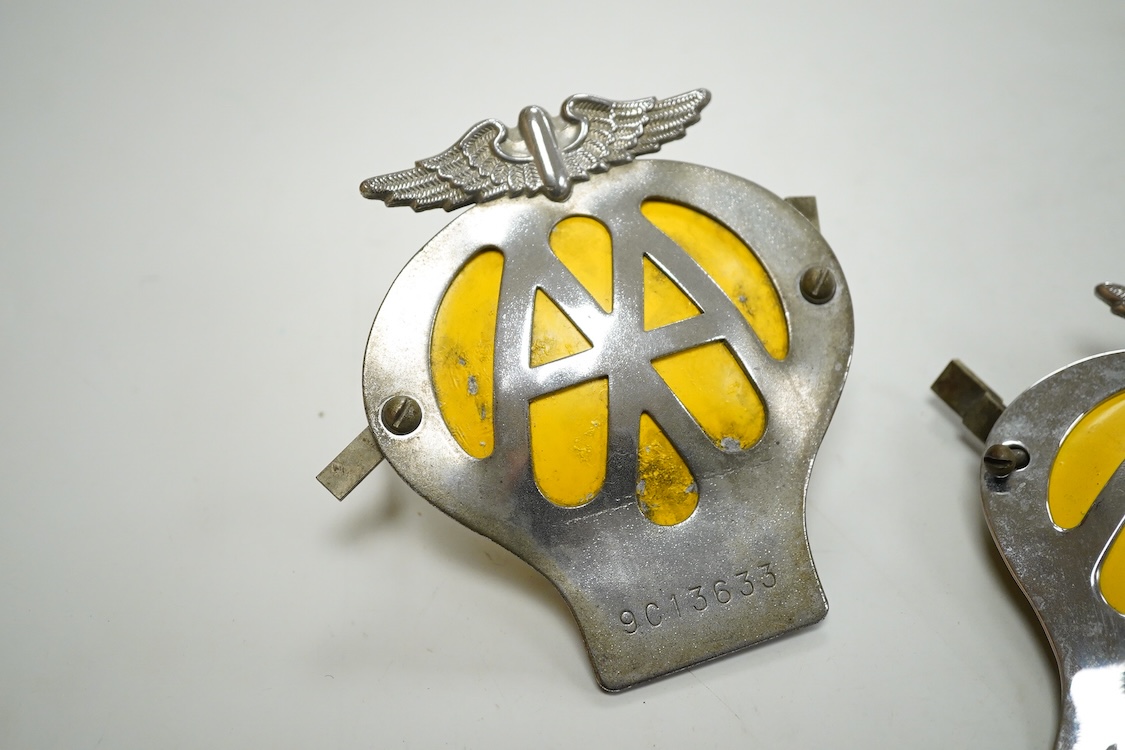 Two vintage AA chrome car badges
